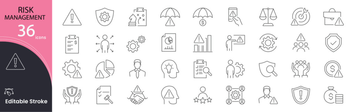 Risk management related icons set. Including alert, shield, hazard, insurance, safety, compliance, and control. Editable stroke. outline icons.