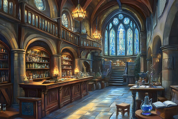 Obraz premium Gothic Apothecary Shop with Stained Glass Window