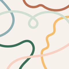 Aesthetic Contemporary printable pattern with abstract forms. Abstract background in minimalist mid century style vector. Beige, grey, yellow, green, pink, blue.