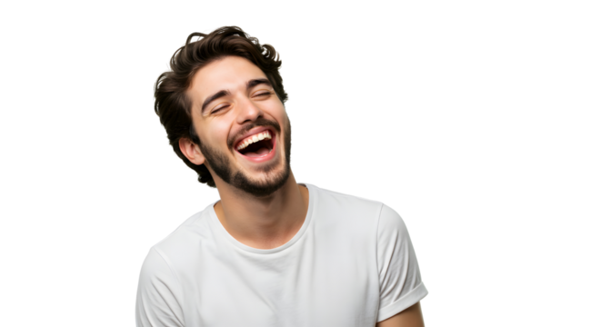 Young Man Showing Open Smile with Teeth Against White Background