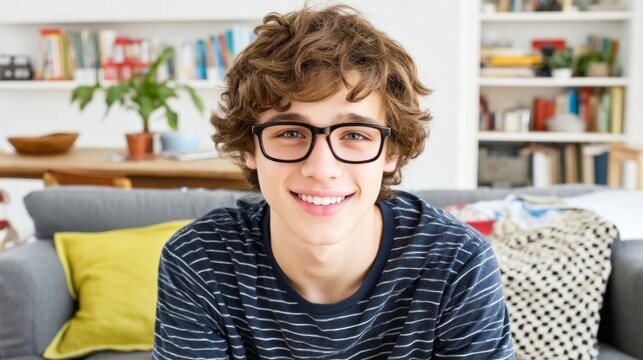 Smiling young man with curly hair and glasses sitting on a sofa in a cozy living room