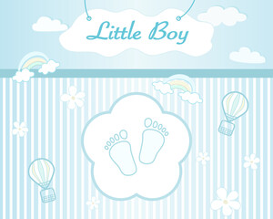 Vector - Cute border or frame on newborn concept. Invitation card. Boy, son. Blue and white color. Copy space. Can be use for album, scrapbook.