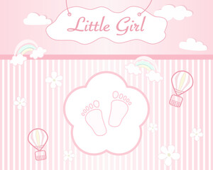 Vector - Cute border or frame on newborn concept. Invitation card. Girl, daughter. Pink and white color. Copy space. Can be use for album, scrapbook.