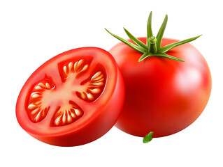 Fresh, vibrant tomato halves, isolated on black background.  Detailed illustration of a whole tomato and a sliced half, showcasing its red flesh and green stem