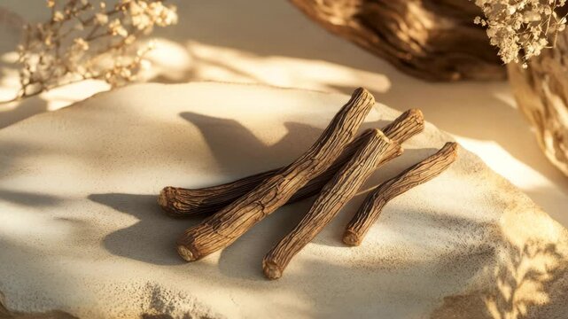A pile of sticks on a stone surface. The sticks are brown and appear to be dried out