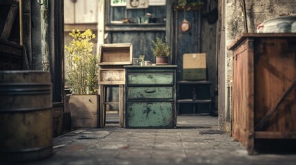 Rustic charm: A weathered cabinet with verdant plants evokes vintage atmosphere