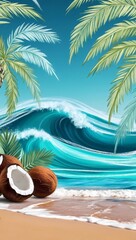 Obraz premium Vibrant cartoon illustration of a tropical beach with crashing turquoise waves, sandy shore, and palm leaves, featuring coconuts.