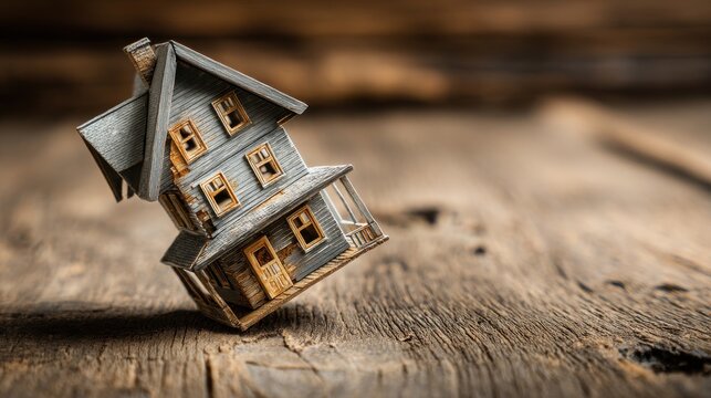 A High Resolution image of high Resolution image of damaged miniature house model representing structural failure, leaning on wooden surface symbolizing construction defects and.