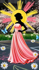 Obraz premium An elegant digital illustration featuring a woman in a flowing pink dress, set against a vibrant spring background with cherry blossoms, daisies, and butterflies.
