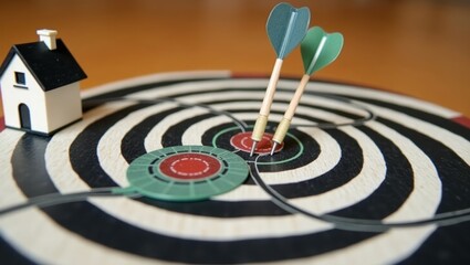 Miniature house positioned on a dartboard target.