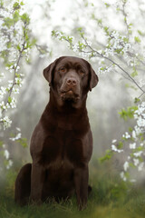 vertical young chocolate labrador dog portrait in a white blossom flowers tree branches looking ahead