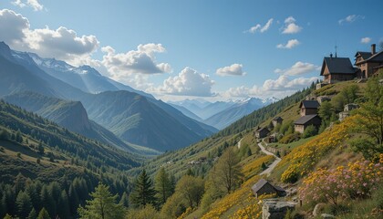 Alpine Valley Vista: Wooden Chalets Dotting Slopes Amidst Wildfl