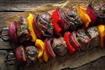 Flatlay of Beef Shish Kebab with Grilled Peppers and Onions on Rustic Surface, AI Generated