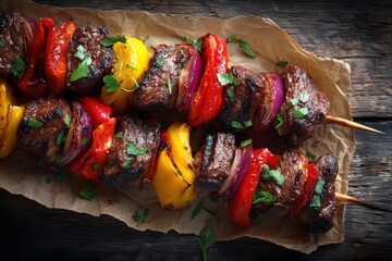 Flatlay of Beef Shish Kebab with Grilled Peppers and Onions on Rustic Surface, AI Generated