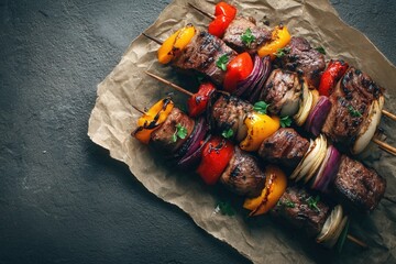 Flatlay of Beef Shish Kebab with Grilled Peppers and Onions on Rustic Surface, AI Generated