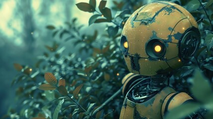 Rusty robot in overgrown forest