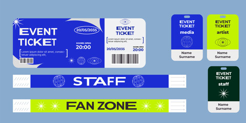 Event ticket for parties, music festival, dance festival. Security bracelets for entrance. For staff and fan zone. Neon color. Modern design. Futuristic style. With wireframe element. Printable.
