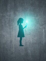 Silhouette of a child holding a luminous flower against a textured wall.
