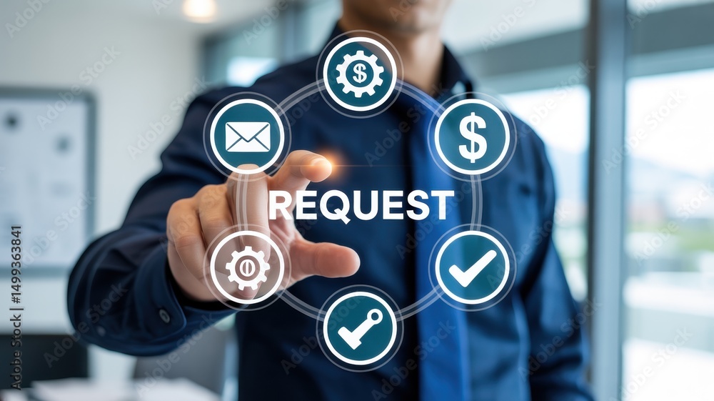 Poster a person interacts with a digital request interface.