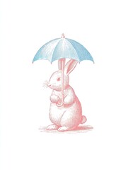 Cute rabbit with umbrella, delicate pastel colors.
