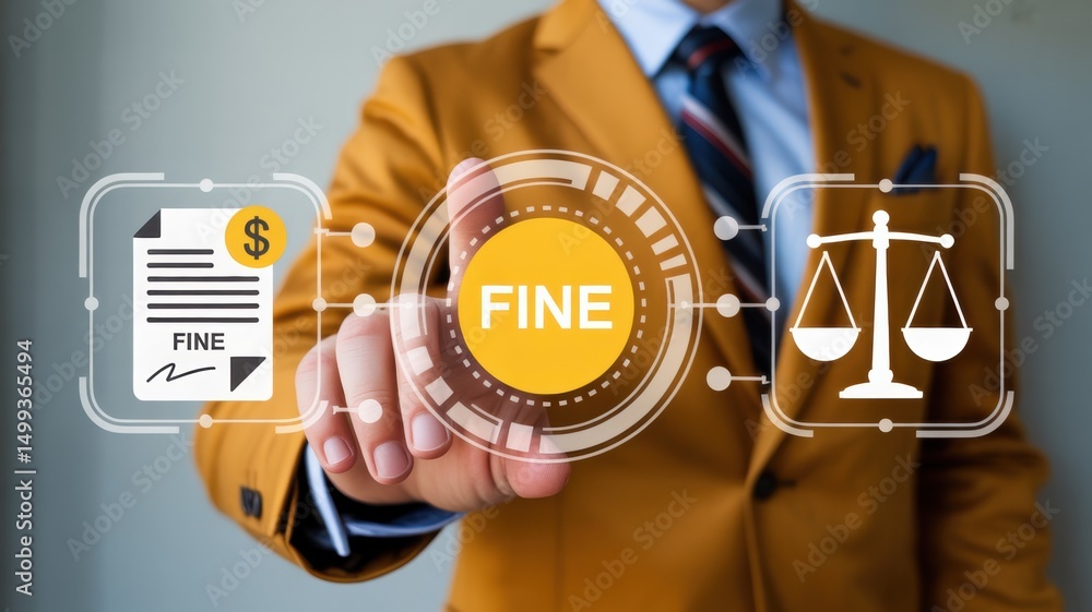 Poster a person interacts with a digital interface displaying a fine and scales of justice.
