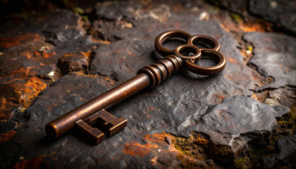an old bronze colored metal key placed on a dark rock surface with rust stains