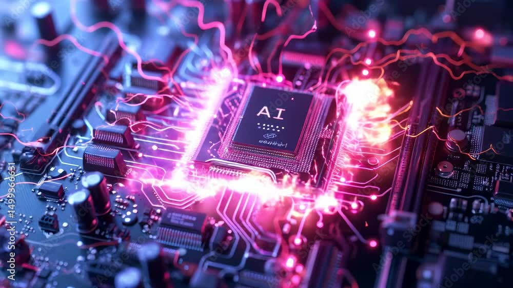 Poster cpu chips circuit board, shiny ai processor and microchips. core of artificial intelligence machine 