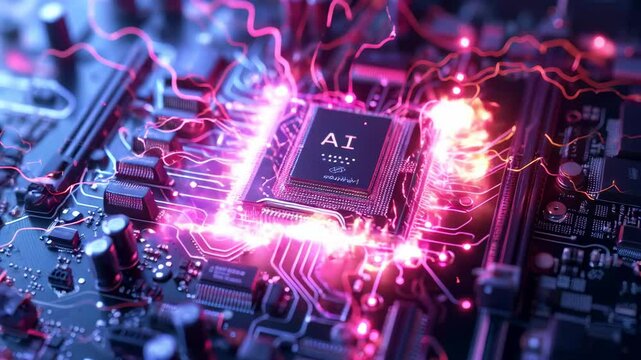 CPU chips circuit board, shiny AI processor and microchips. Core of artificial intelligence machine with light of energy and power. Concept of computer technology, data, semiconductor