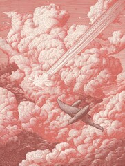Pink, textured cloudscape with flying creatures.