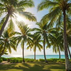 Obraz premium Sunlit Tropical Beach with Lush Palm Trees