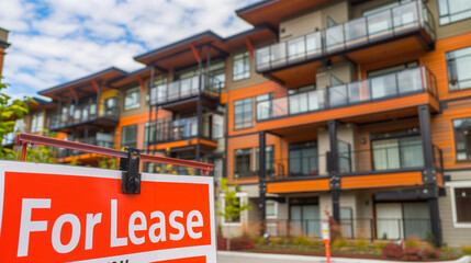 Modern Apartment Building with For Lease Sign, Close-Up Real Estate Photography