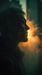 Fototapeta premium Silhouette of a man with breath visible in cold air. A glowing haze surrounds his face in the city.