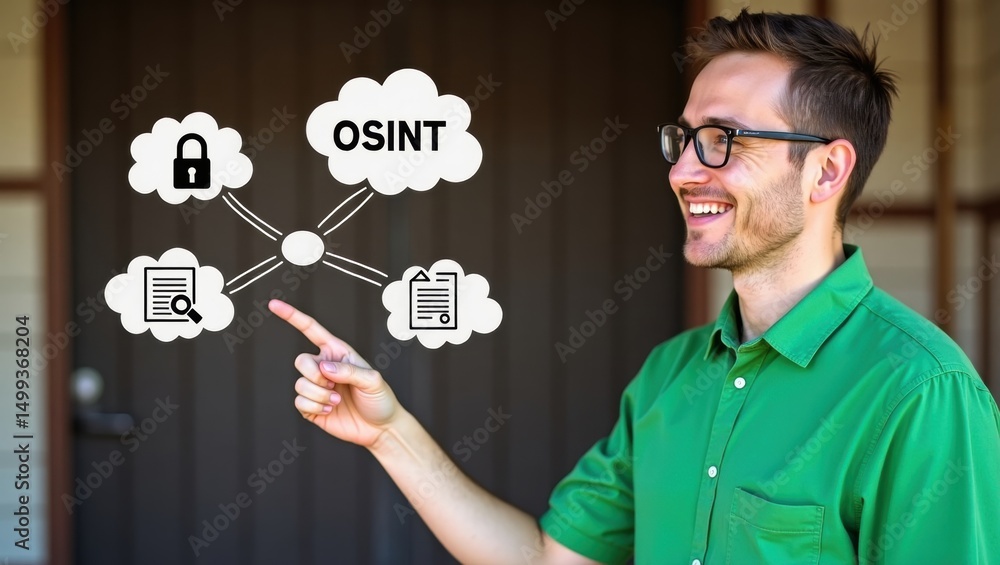 Poster person pointing to a graphic representation of open source intelligence.