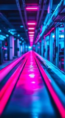Pink-blue neon lit conveyor belt