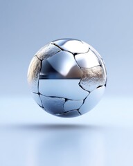 Naklejka premium cracked chrome sphere floating mid air, sharp reflections, futuristic abstract object, clean background