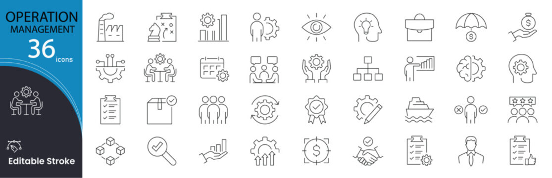 Operations management related icons set. Including process, planning, workflow, logistics, supply, strategy, production, and efficiency. Editable stroke. outline icons.

