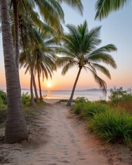 Sunset trail through palm trees at a Madagascar resort, warm sky tones, sand path leading to ocean, peaceful vacation moment