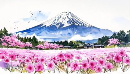 Custom AI Model,芝桜咲く富士本栖湖リゾートの墨絵