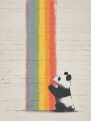 A whimsical panda painting a rainbow on a light gray brick wall.