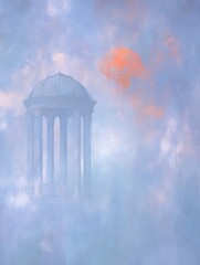Pale, hazy structure, nestled in a cloudy sky.