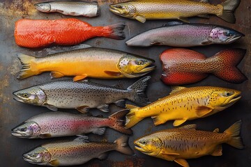Obraz premium different types of fish, including salmon and trout, arranged on a flat surface