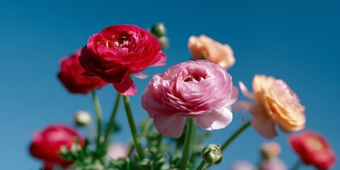 Fototapeta premium Vibrant ranunculus flowers blooming against a bright blue sky