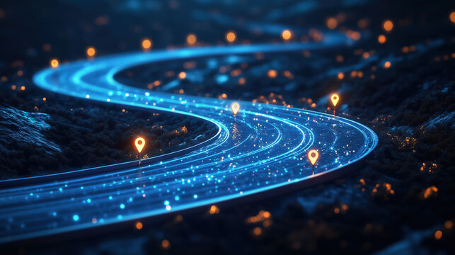 a curved road with location markers, symbolizing strategic planning and project timeline