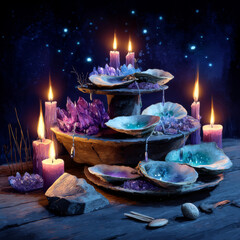 Mystical sea altar with glowing shells, crystals and candles arranged on wooden surface under starry night