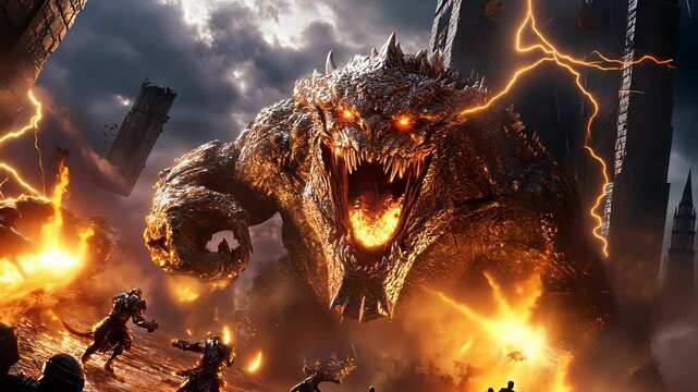 Epic Fantasy Battle Scene: Giant Monster Attacking City with Lightning and Fire, Warriors Fighting Back in a Dark, Stormy Environment
