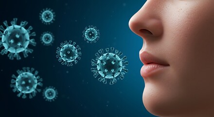 Conceptual illustration of respiratory illness with visible coronavirus particles and human face