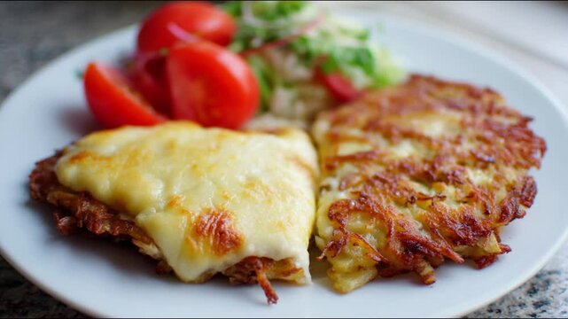 Delicious cutlet with cheese on top served with tomato salad