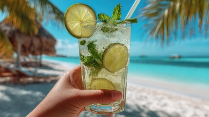 A High Resolution image of hand holding mojito cocktail on beach, fresh summer drink with lime and mint, tropical paradise resort background with sea view.