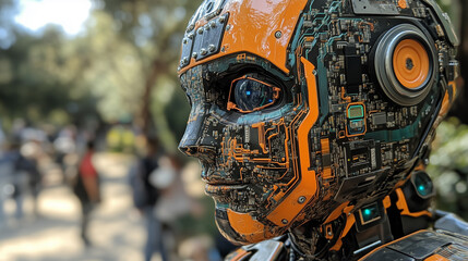 Close-up of a futuristic robot's head.  Orange and black design reveals intricate circuitry.  The robot's eye gleams, suggesting intelligence.  Blurred background shows a crowd of people.
