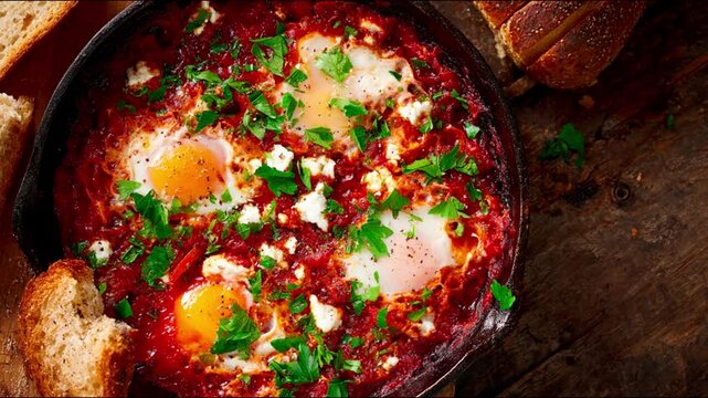 Shakshuka in cast iron pan with bread